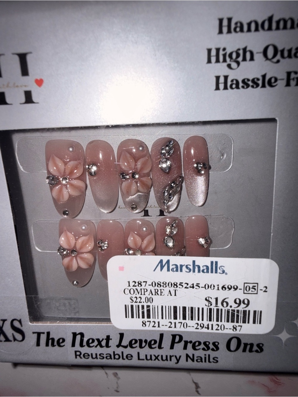 3H Handmade Reusable Pink Floral Press-On Nails with Rhinestones